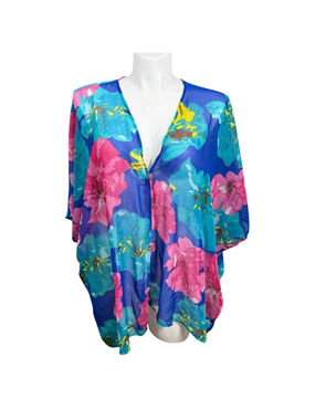 Southern Stitch Floral Sheer Kimono Cover Up L XL Blue Pink Boho